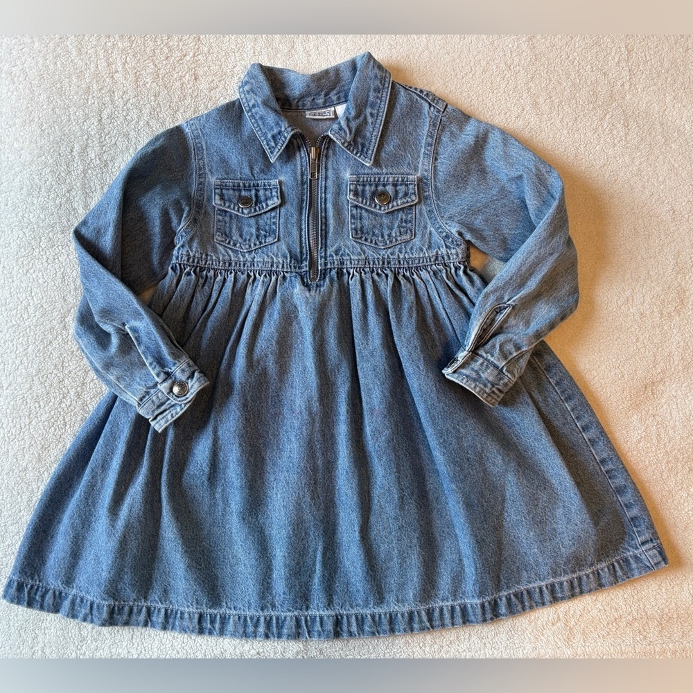 Vintage Arizona Jean Company Blue Denim Kids Dress, Long Sleeve, Front Zip. 5T